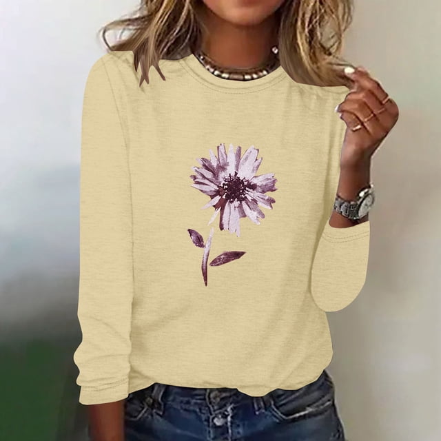 EQWLJWE Chemises à Manches Longues pour Femmes Boutonnées Mode T-Shirt Décontracté à Manches Longues Imprimé de Printemps pour Femmes Col Rond Hauts Vêtements d'Automne pour Femmes