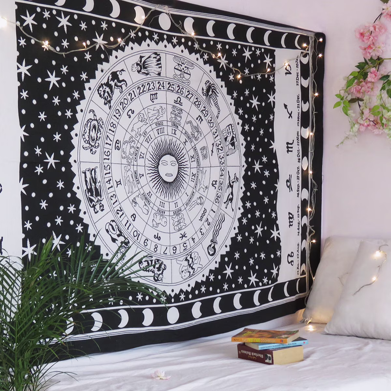 Twelve Constellation Tapestry,Black and White ,Sun and Moon ,Yin and Yang Tapestry Mystic Wall Hanging Tapestry for Home Decor (30"x40")