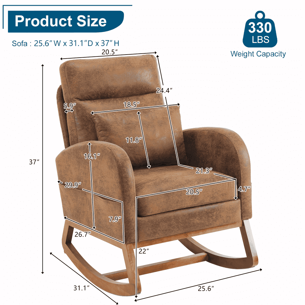 Spaco Linen Rocking Chair with Thick Headrest, Upholstered Mid-Century Modern Nursing Rocker Glider with Curved Armrest and Sturdy Solid Wood Base for Living Room, Bedroom, Baby Room, Brown