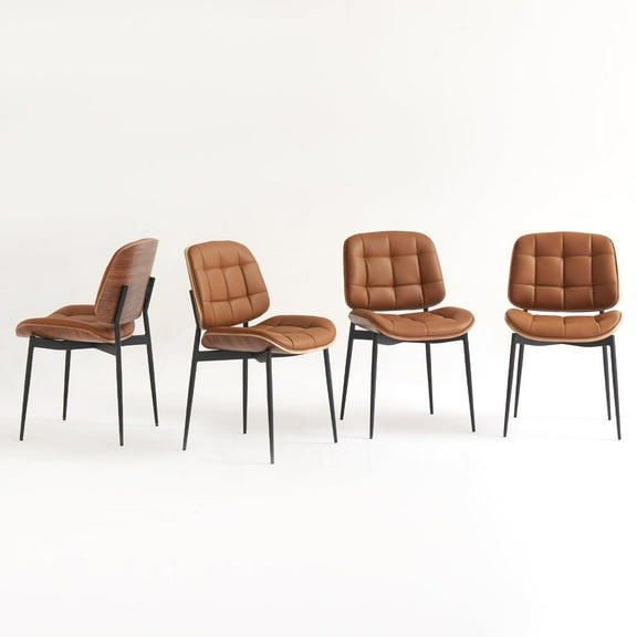 Mid Century Modern Dining Chairs with Walnut Grain Back, Brown Faux Leather Dining Room Chairs Set of 4, Checkered Soft Cushion Kitchen Chairs with Adjustable Foot Pads