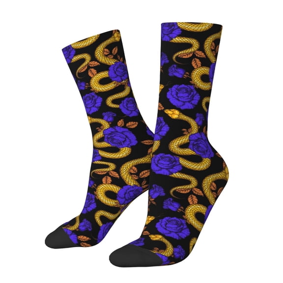 Xecao Golden Snake And Purple Rose Pattern Sport Socks for Women and Men Crew Socks Sporty Calf Socks Casual Socks