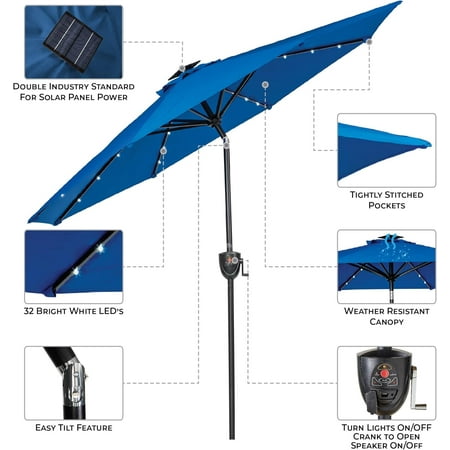 Sun Ray - 9' Round 8Rib Aluminum Bluetooth Solar Lighted Umbrella - Royal Blue