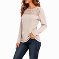 thumbnail image 2 of Women's Long Sleeve Ribbed Knit Tops Crew Neck Lace Crochet Casual Tunic Shirts for Fall Daily Work Wear, 2 of 7