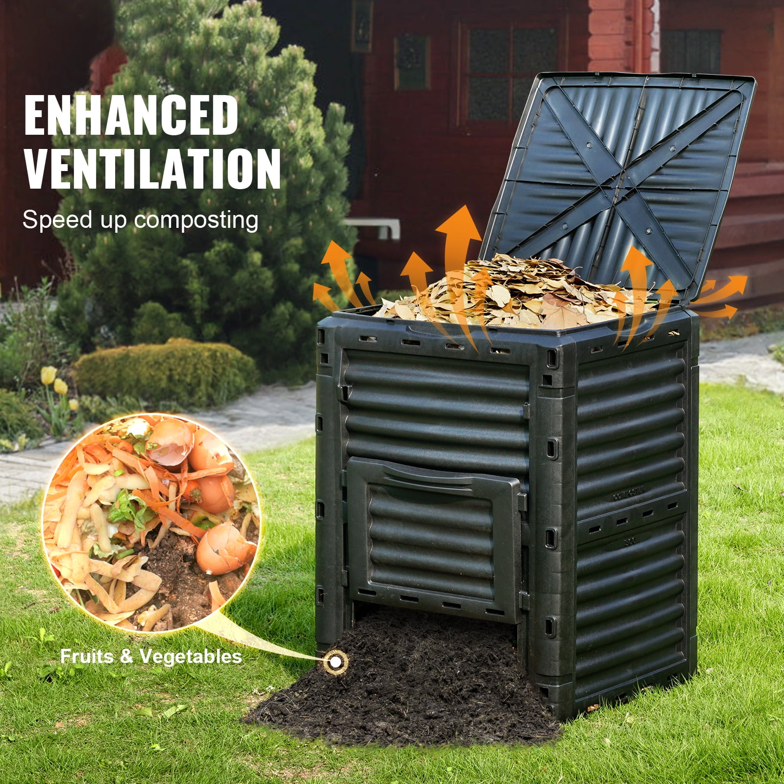 KFFKFF Outdoor Compost Container 80 Gal, Composter Free from BPA, Spacious Garden Composting Bin with Upper Cover and Lower Gate, Simple Assembly, Lightweight, Rapid Soil Fertility Enhancement