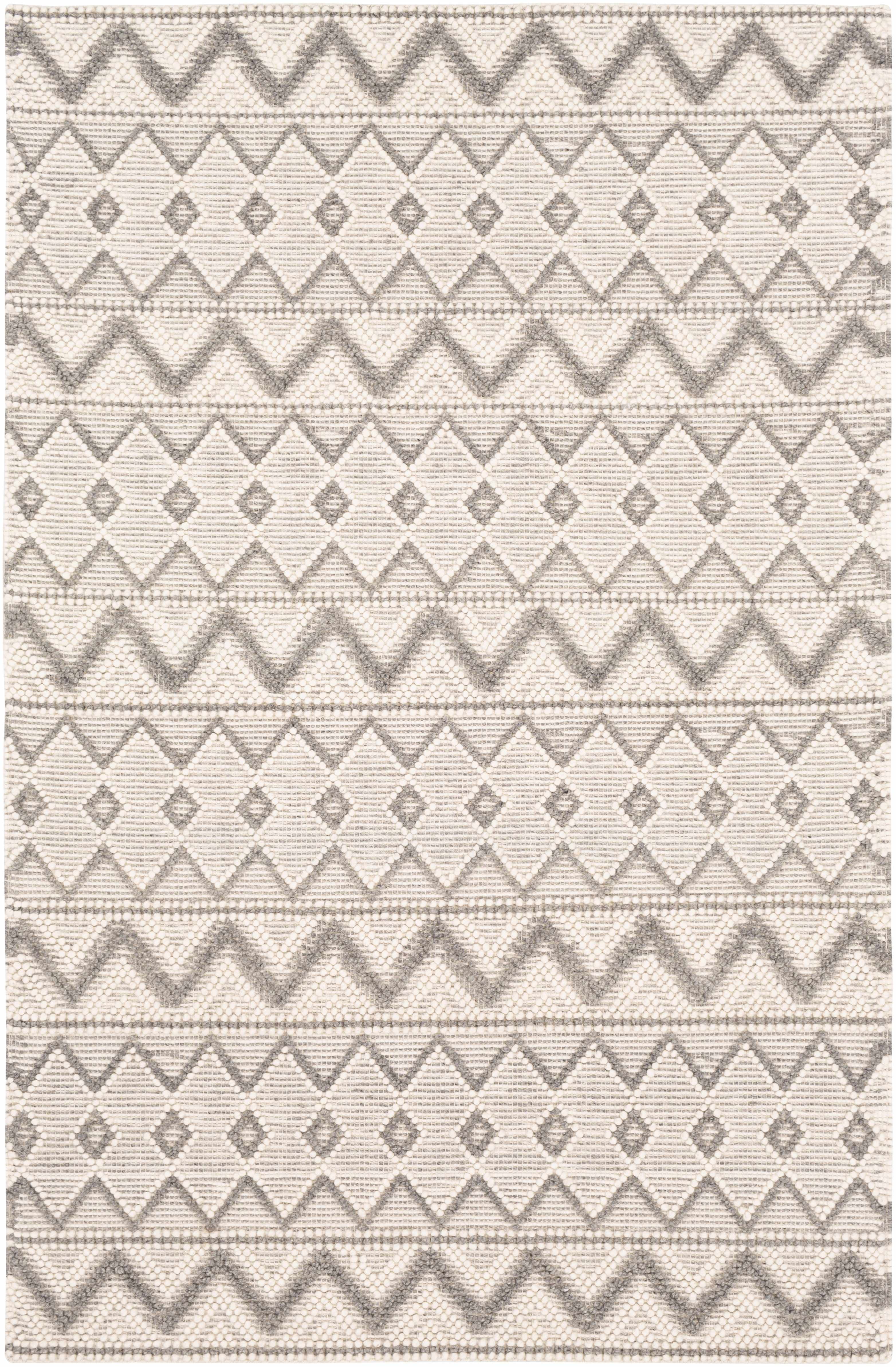 Hauteloom Antigo Boho Hand Woven Wool High Low Textured Area Rug - Farmhouse Moroccan Trellis Carpet for Living Room - Handmade Zig Zag Bubble Weave - Beige, Gray, Cream - 5' x 7'6" (5x7)