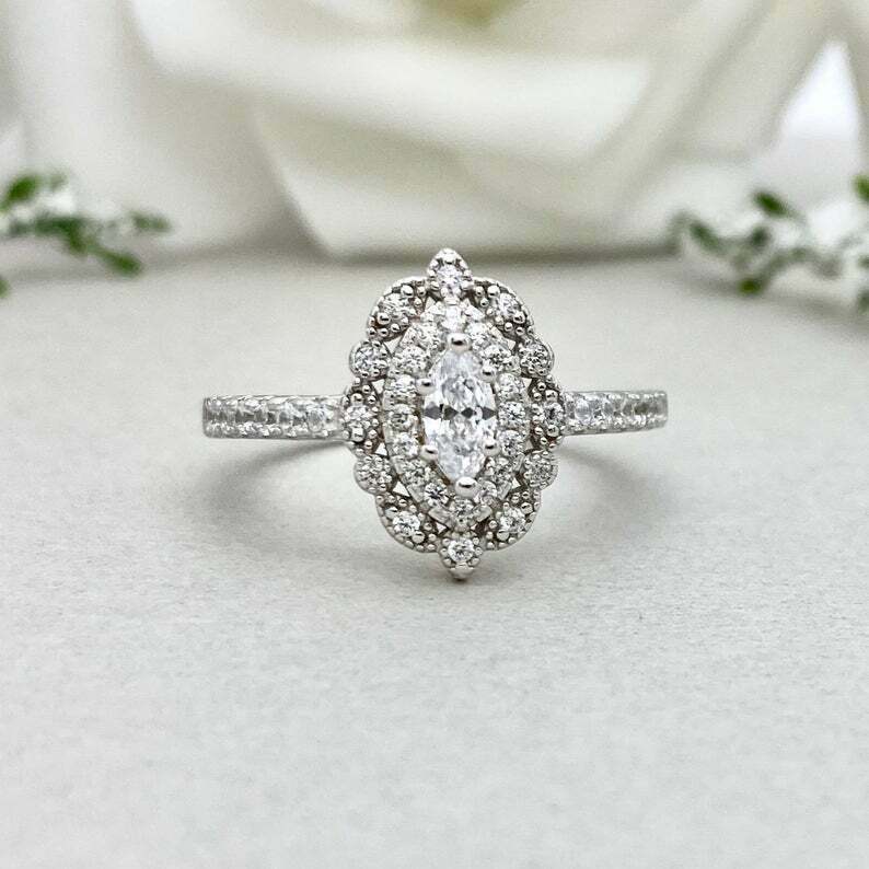 HeartsAndYou 2ct Engagement Ring for Women Marquise Cut Moissanite Dual Halo Vintage Inspired 18k White Gold over Silver