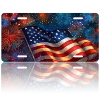 1 Pcs 2D Flat License Plate Covers & Frames, American flag and fireworks For Decorative Front, Waterproof For Decoration Aluminum License Plate Covers & Frames Cover For Men Women, 12" X 6"