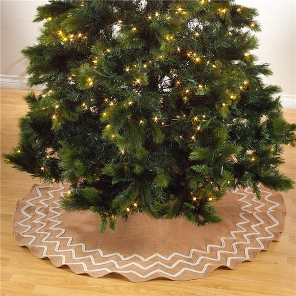 53 in. Round Beaded Design Burlap Holiday Decor Tree Skirt - Natural