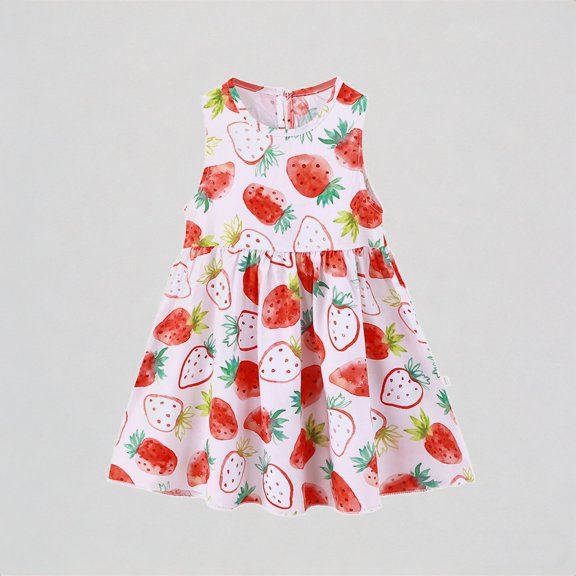 REDARER Girls Sleeveless Watercolor Strawberry Print Dress with Elastic Waist Casual Summer Outdoor Play Soft Breathable Easy Mix Dress for Kids,18-24 Months