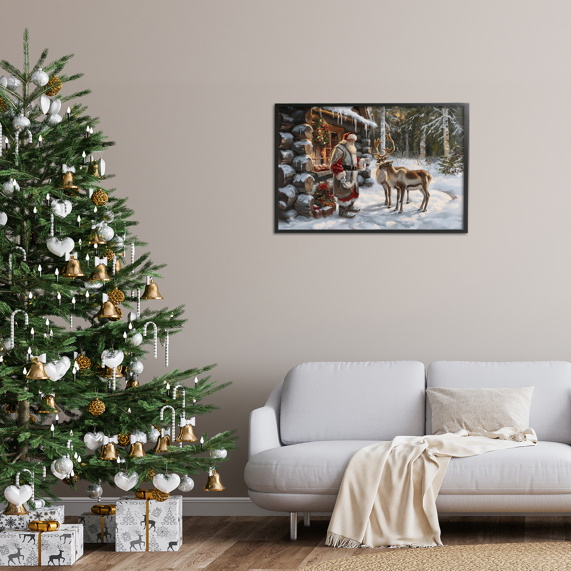 Stupell Industries Santa's Cabin with Reindeer Holiday Painting Black Framed Art Prints Wall Art, 30 x 20