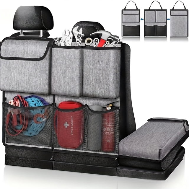 AMERTEER Fit Black Oxford Fabric Car Seat Organizer with Mesh Pockets & Strap - Multifunctional Rear Seat Hanging Storage Bag for Trunk & Seat Back Foldable Design for Easy Access & Comp