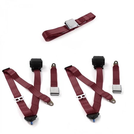 safeTboy Burgandy Retractable Bench Seat Belt Kit for 1955-1957 Ford Thunderbird Airplane 3 Point - 3 Belts