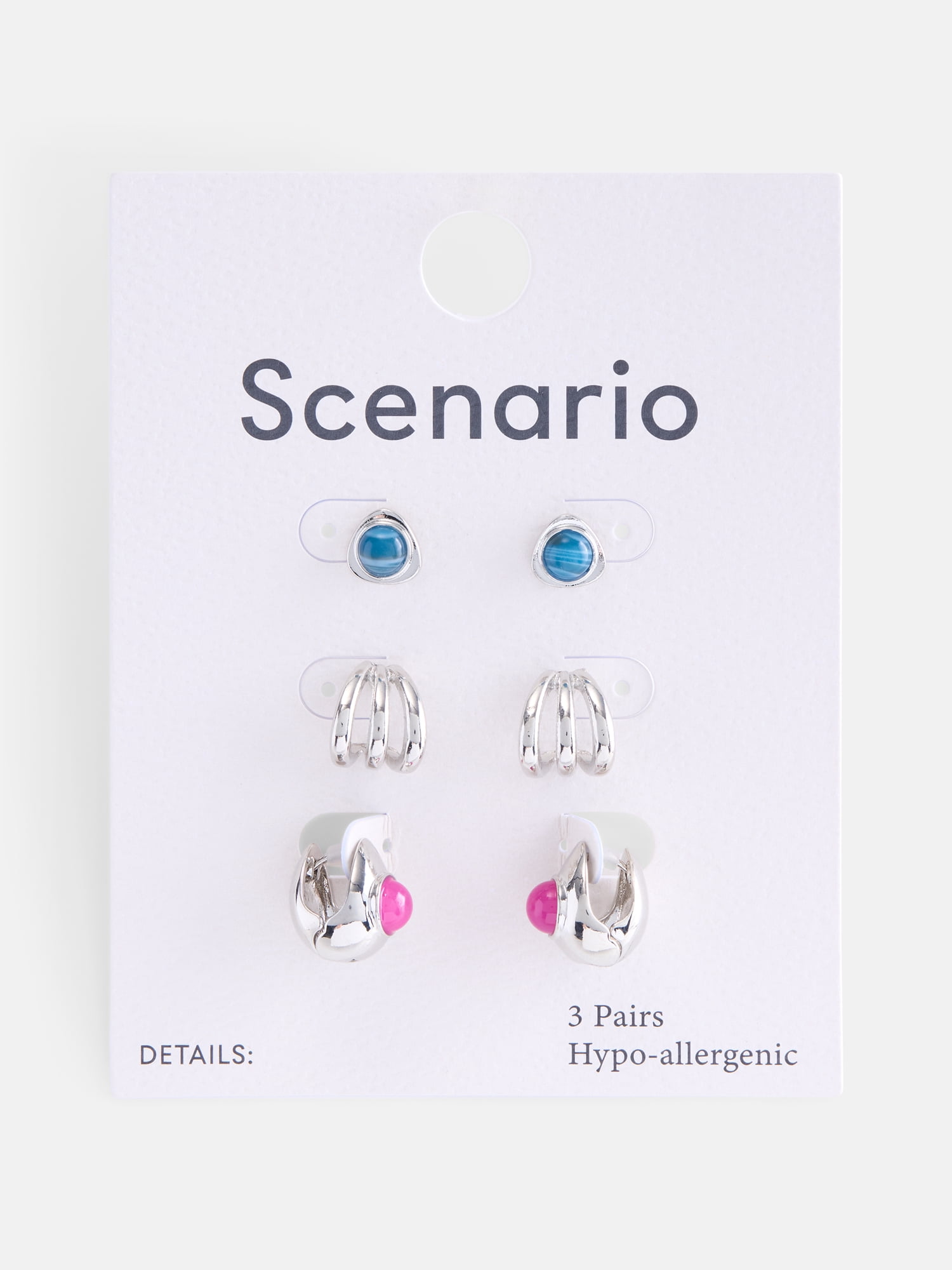 Scenario Women's Silver Tone Earrings with Resin Stones, 3-Piece Set