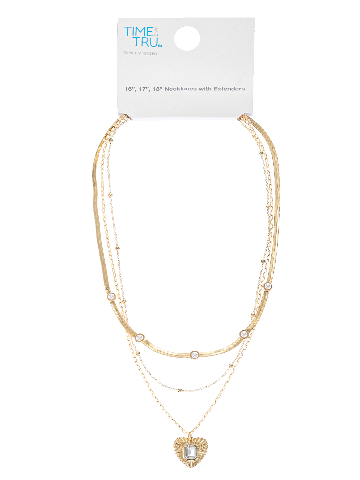 Time and Tru Gold Tone Layered Heart Necklace Set, Female, 3 Pieces