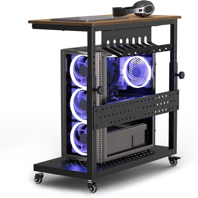 Support Tour d'Ordinateur Réglable avec Étagère de Rangement, Chariot Support de CPU à 2 Niveaux sur Roulettes avec Roues Verrouillables pour Maison, Bureau, Jeux, Brun