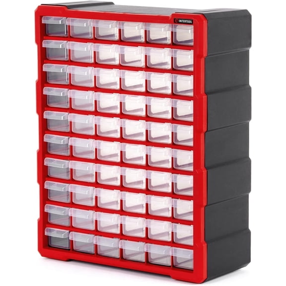 INTERTOOL Storage Organizer, 60 Removeable Compartment Drawers, Small Parts, Hardware, Tools, Lego Sorting, Arts and Beads, Garage Organization Toolbox Container, 18.5” x 15” x 6.5” BX08-4016