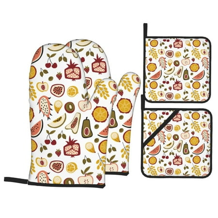 

Oven Mitts and Pot Holders 4 pcs Set cartoon watermelon Heat Resistant Pot Holders Oven Mitts for kitchen Non-Slip Hanging Loop Oven Glove Potholders for Baking Cooking