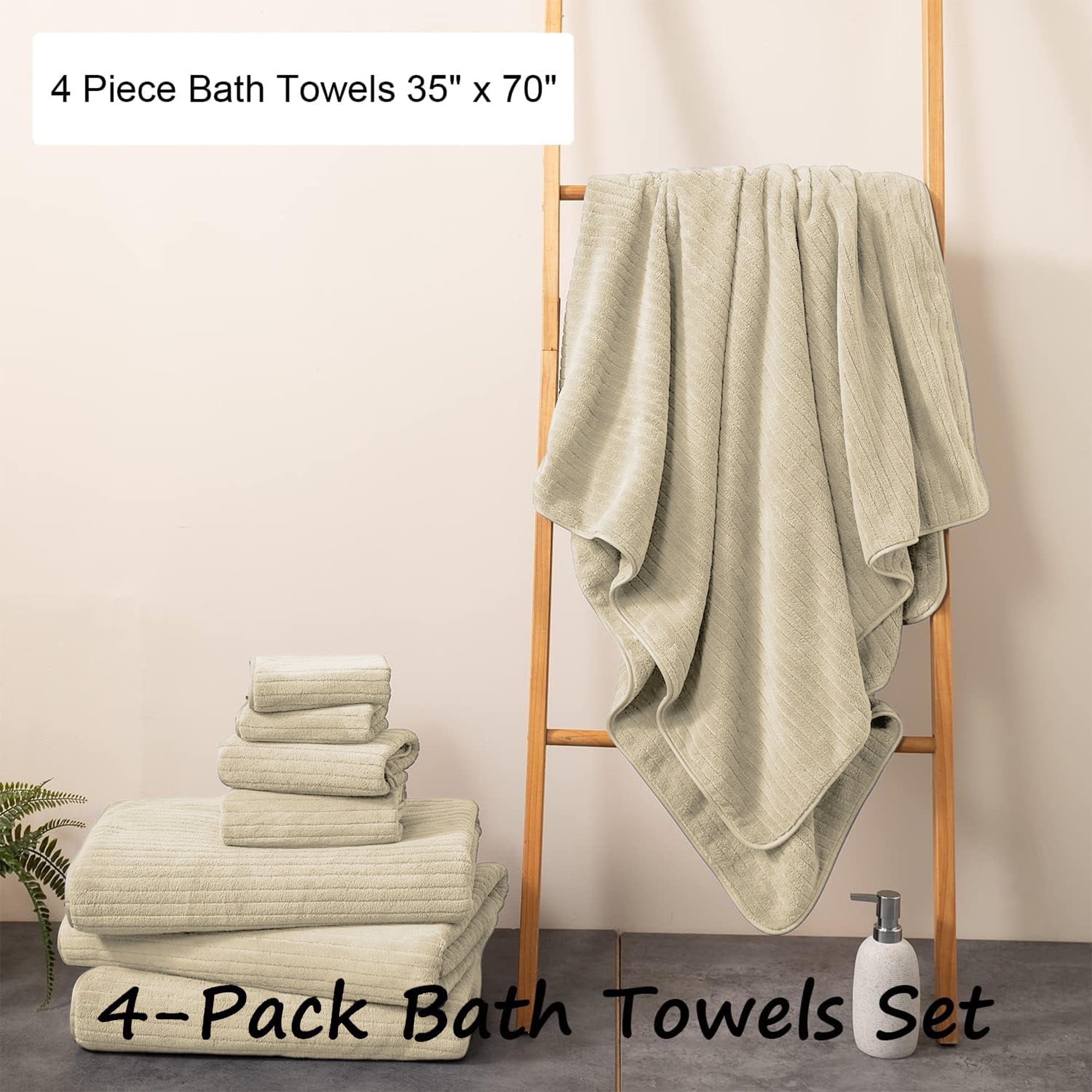 Jessy Home 4 Pack Camel Stripe Large Bath Towels Set Oversized Bath Sheet Soft Towel Set