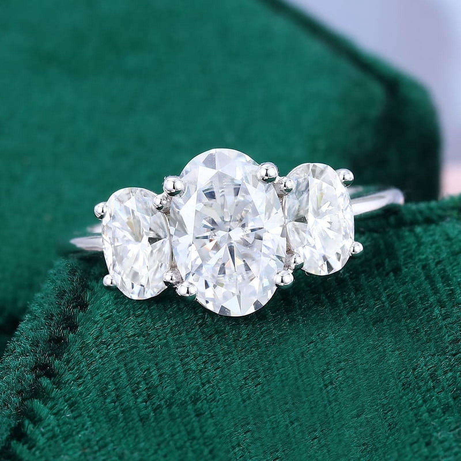 Spot Jewel White Gold Plated 14K Diamond Ring - Oval Cut Excellent 2 Ct Diamond Ring for Women - 3 Stone Engagement Wedding Rings for Her - Trilogy Rings for Women - Gifts - Unique Gift for Her