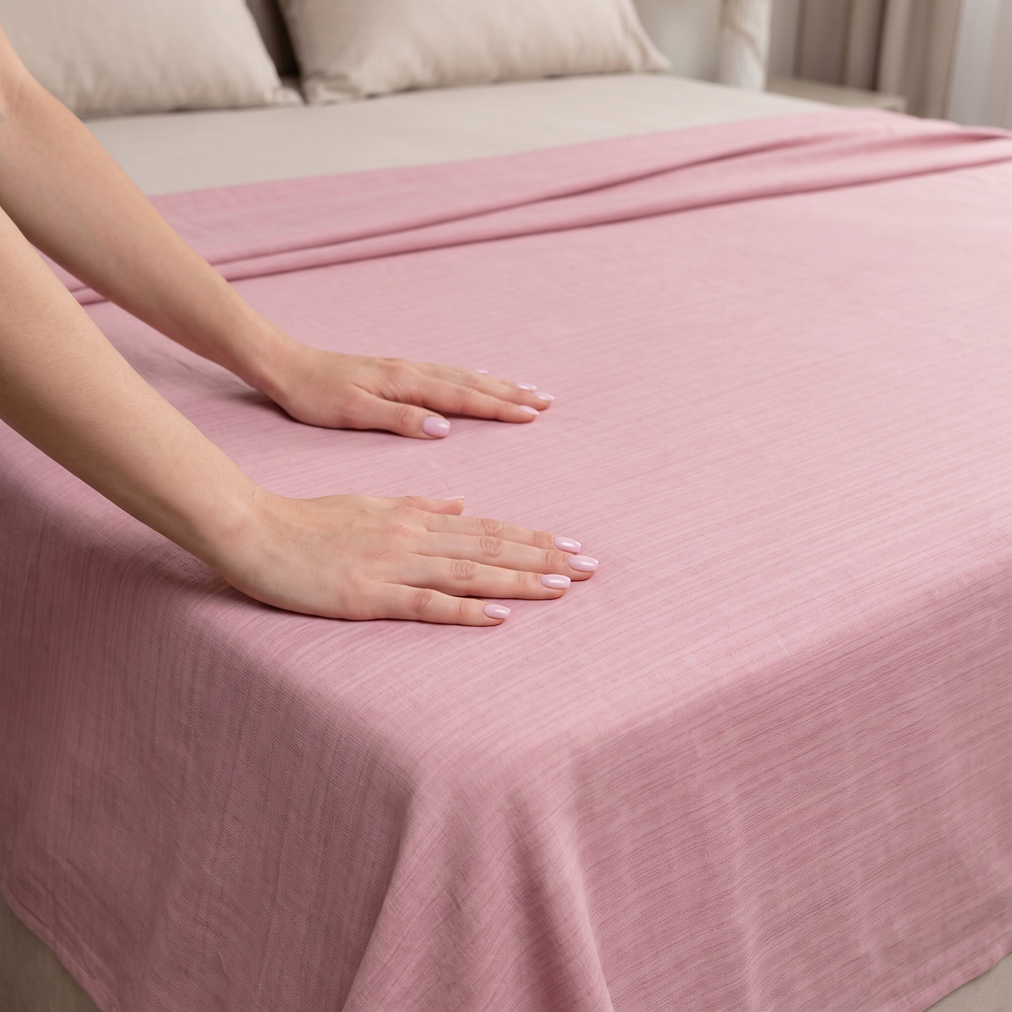 Unique Bargains Double Gauze Bed Sheet Flat Sheet Wrinkle Textured Bedding Pink 63"x91"