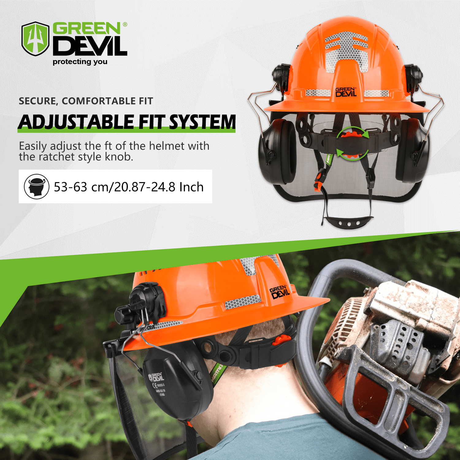 GREEN DEVIL Industrial Chainsaw Helmet with Face Shield Built in Visor and Ear Muffs 4 in 1 System ANSI Z89.1 Full Brim Safety Hard Hat Adjustable Headgear Ideal for Forestry and Arborist Work