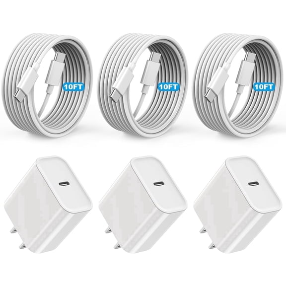TYPPKMM 20W USB C Charger 3 Pack with 10FT Fast Charging Cables, Compatible with Phone 17 16 15, Pad & Samsung Galaxy Devices, White