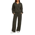 thumbnail image 3 of Xaqiouau Women's V-Neck Sweatshirt and Wide Leg Pants Set Loose Fit Long Sleeve Pullover Top High Waisted Drawstring Tracksuit Casual Lounge Wear 2 Piece Outfit Army Green L, 3 of 9