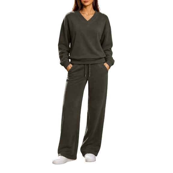 Lmueinov Women's 2 Piece V-Neck Pullover Sweatshirts Drawstring Wide Leg Pants Lounge Set Soft Fleece Long Sleeve Tops Workout Office Sweatsuit