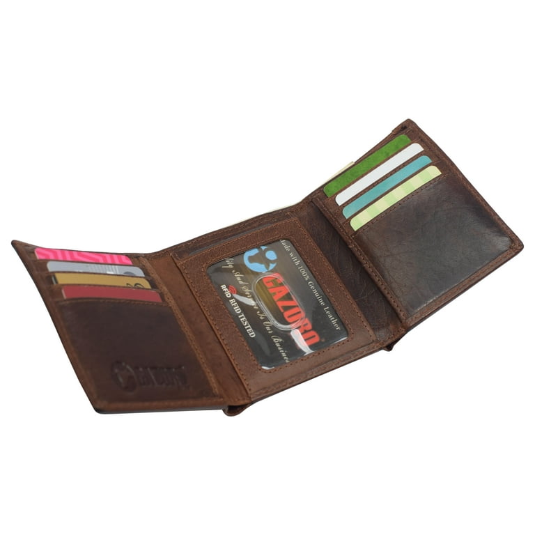 Real Buffalo Leather Wallets for Men - RFID Blocking Slim Trifold Wallet with Card Slots Brown
