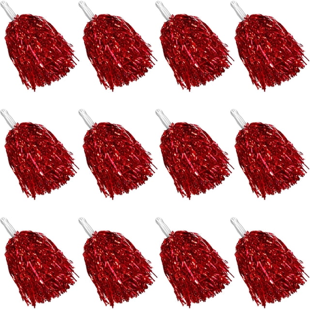 12 Pcs Pompons de Cheerleading Rouges en Feuille Métallique Pompons de Cheer avec Poignée de Bâton pour Jeu Escouades de Sport Danse Fête Football Basketball Club Esprit Sports