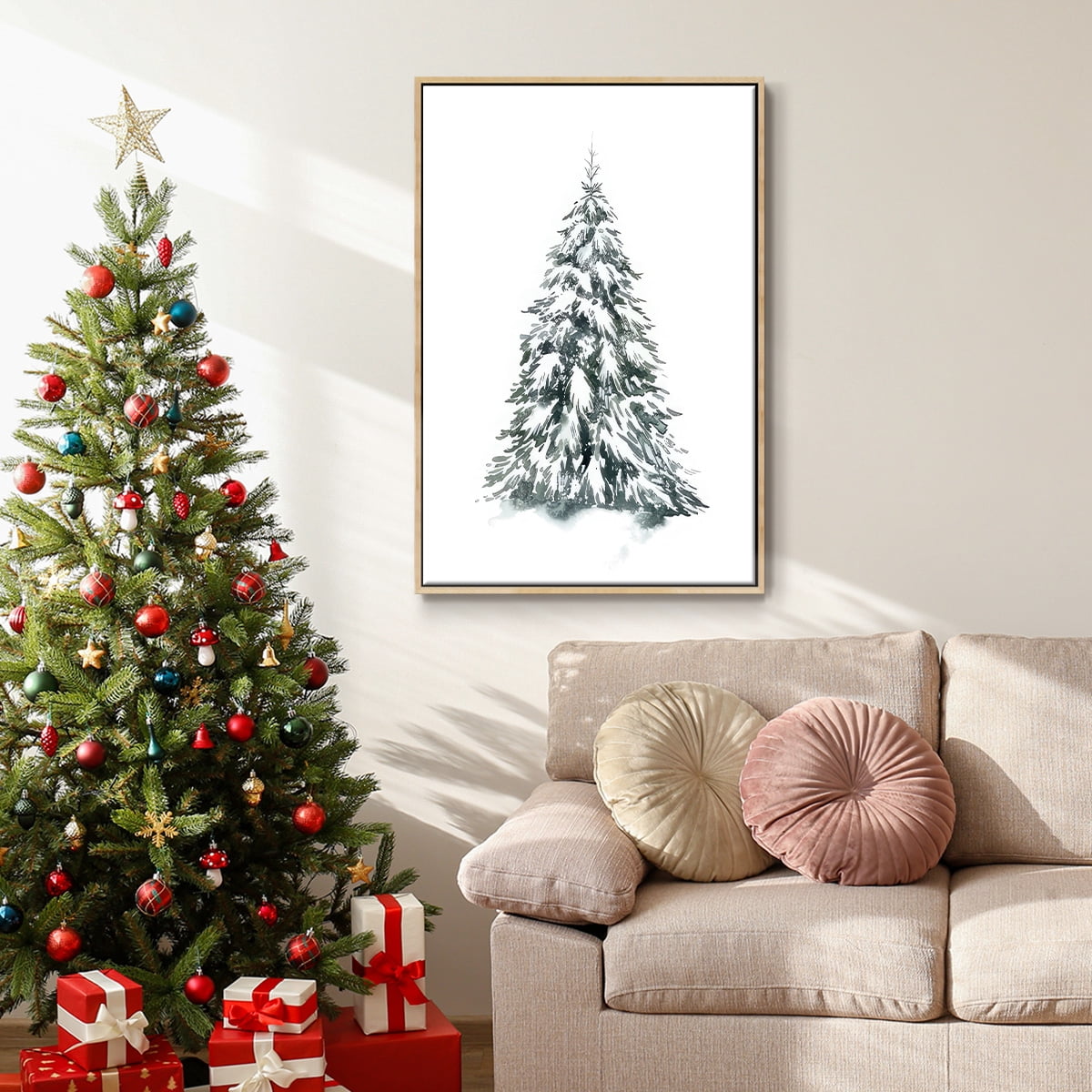Blue Spruce II - Framed Gallery Wrapped Holiday Canvas - 17 x 25 - Natural Wood Frame