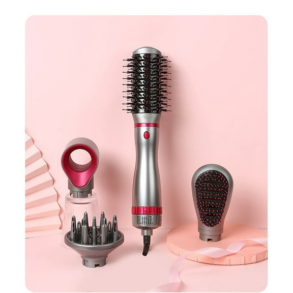 VoluVibe 4 in 1 Blowout Brush, Negative Ion Detachable Hair Dryer & Styler Volumizer Hot Air Brush with 2 Styling Brush Heads, Silver