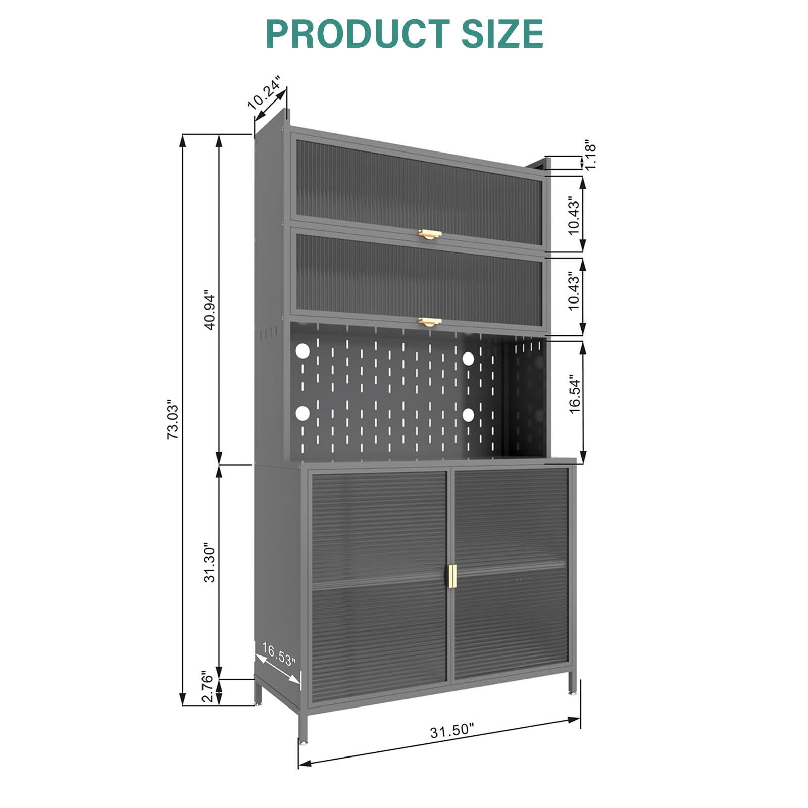 MAYEERTY 73" Tall Metal Kitchen Pantry Sideboard, 6-Tier with Pegboard & Flip Door, Anti-Tip, Grey for Kitchen & Living Room