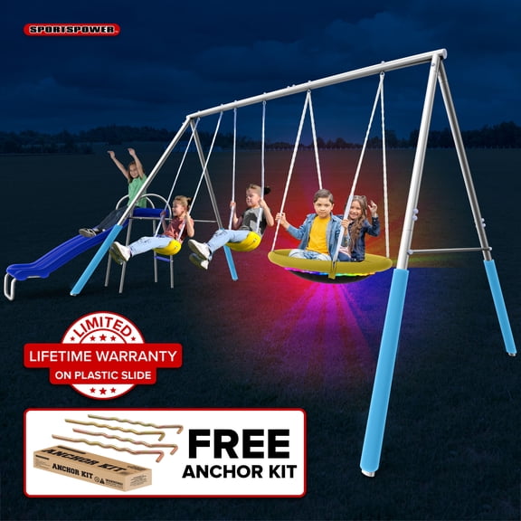 Sportspower Comet Metal Swing Set with LED Light up Saucer Swing, 2 Swings, Lifetime Warranty on Slide, & Bonus Anchor Kit, Great for Kids Aged 3-8