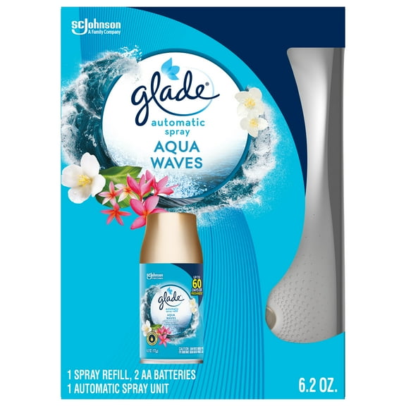 Glade Automatic Spray Air Freshener Starter Kit, 1 Holder and 1 Refill, Aqua Waves, Fragrance Infused with Essential Oils, 6.2 oz