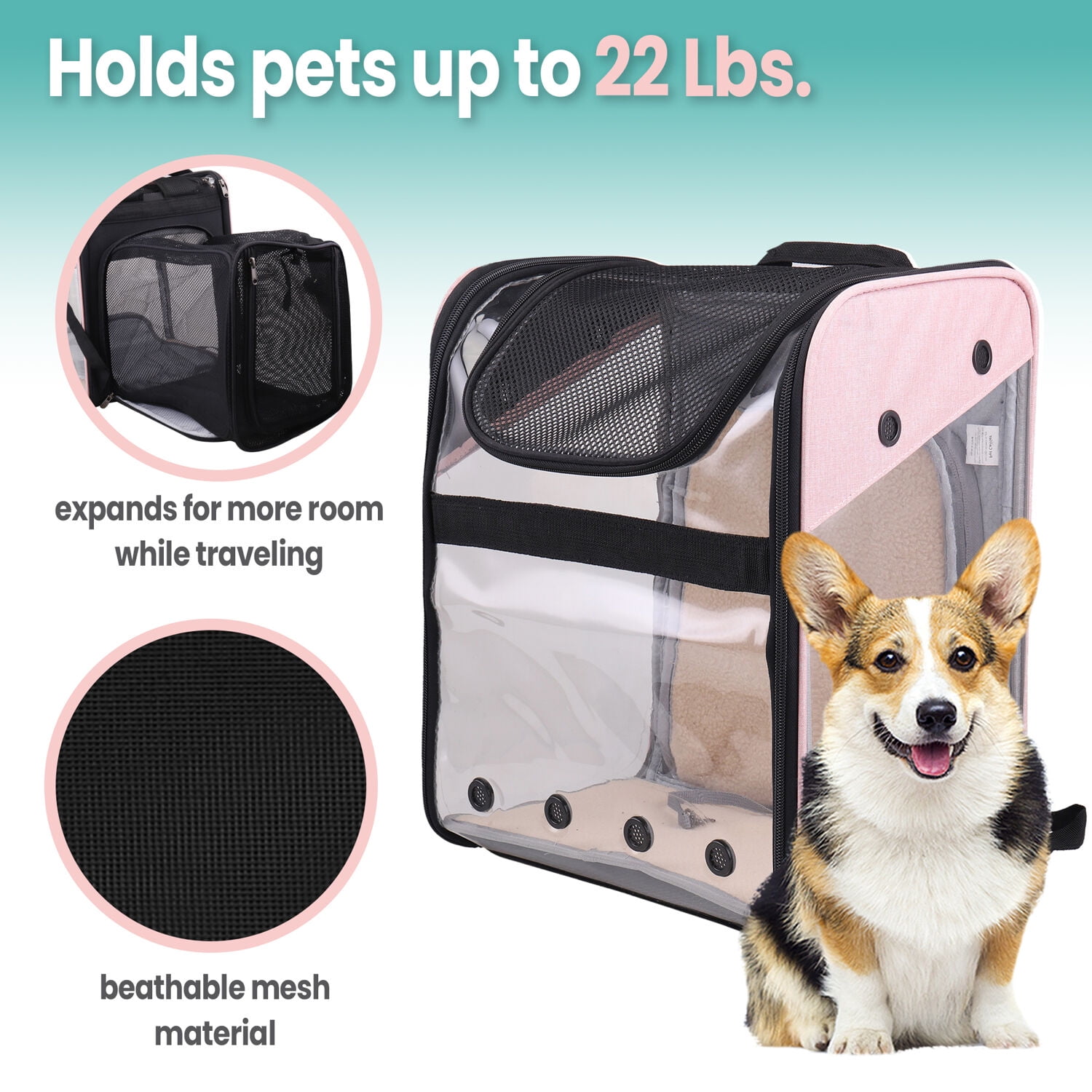 Critter Sitters Light Pink See-Through Pet Backpack for Small Dogs, Cats with Scratch Resistant Breathable Mesh Window | Airline Carry-On Approved | Safety Leash | Durable Transporation for Animals