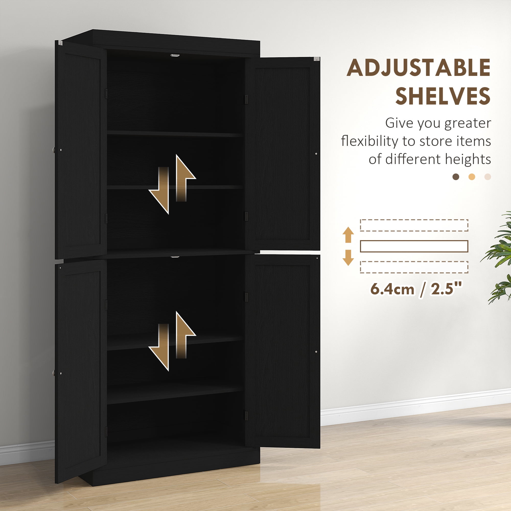 HOMCOM 72" Traditional Freestanding Kitchen Pantry Cupboard with 2 Cabinet, and Adjustable Shelves, Black Wood Grain