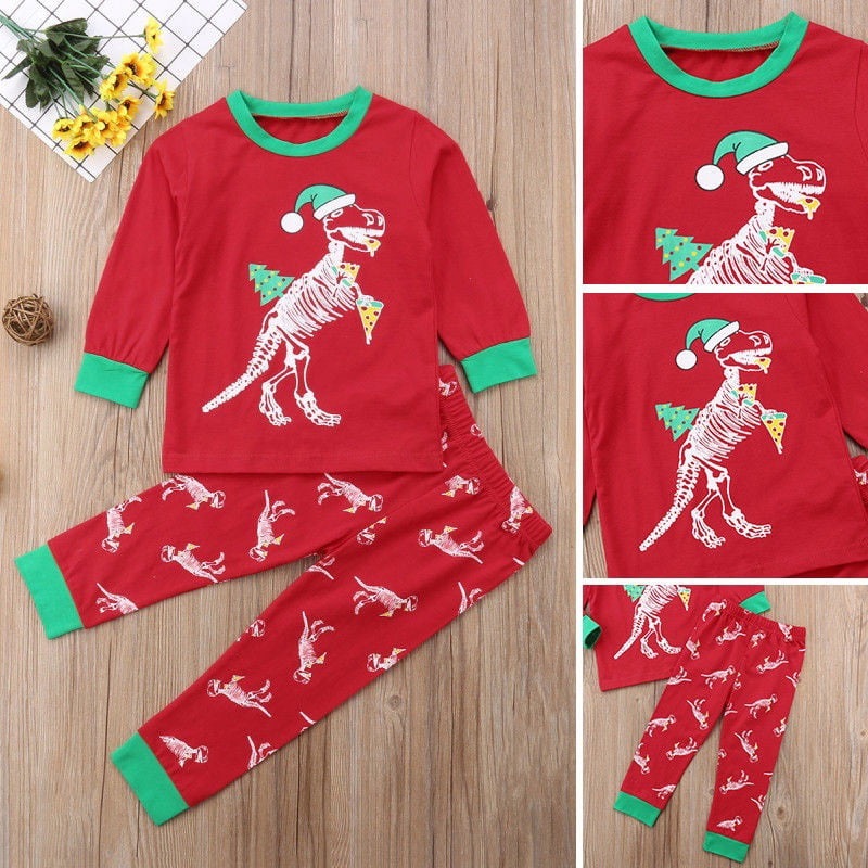puseky 2pcs Kids Toddler Boys Girls Christmas Dinosaur Pajamas Outfits Set Long Sleeve Shirt and Pants 
