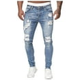 thumbnail image 2 of WTOBBY Men's Frayed Hem Ripped Jeans Slim Fit Washed Denim Pants with Distressed Details - Solid Color Casual Trousers Design for Urban Streetwear Expression Comfort Fit,Light Blue S, 2 of 5