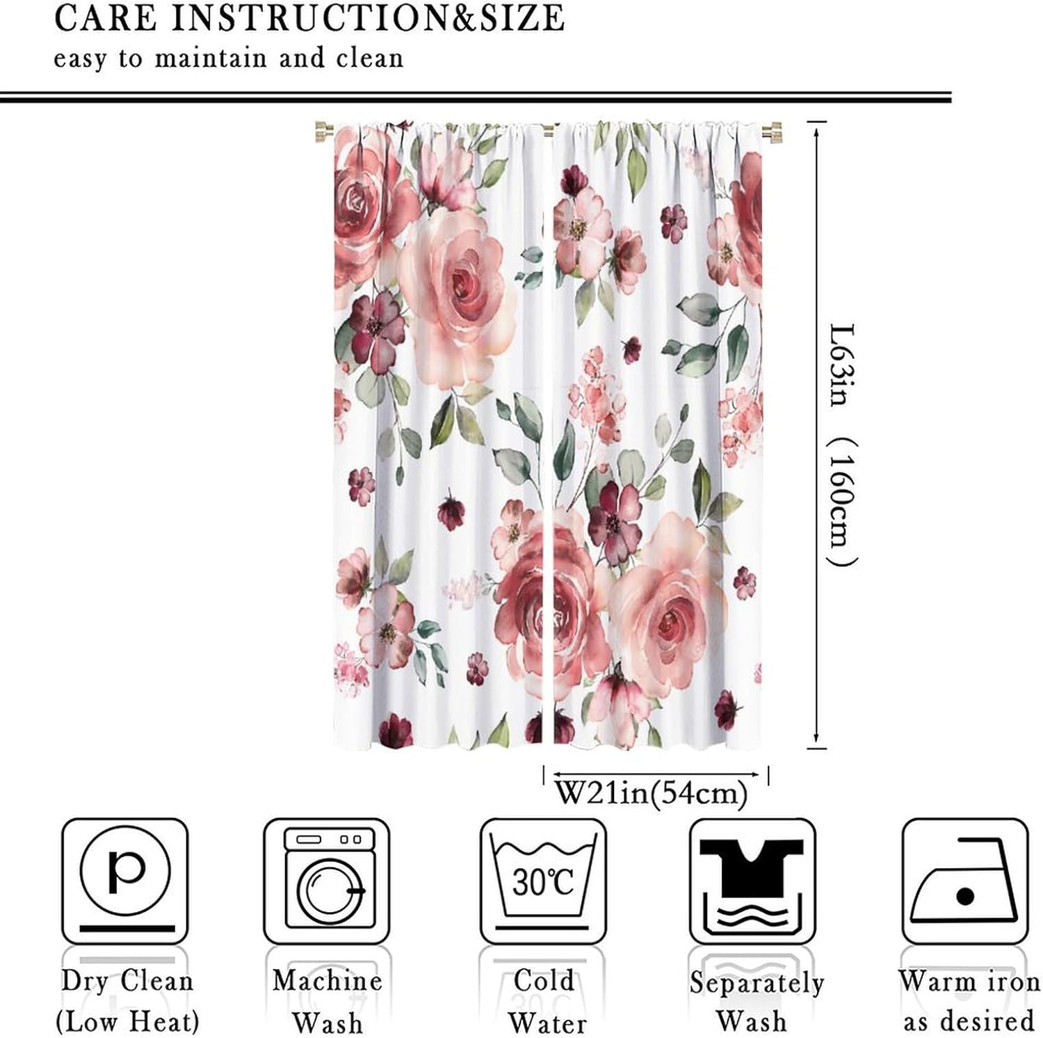 Pink Floral Curtains Rustic Watercolor Flower Leaves Natural Pattern Blackout Print Rod Pocket Window Drapes for Bedroom Living Room 42x63in