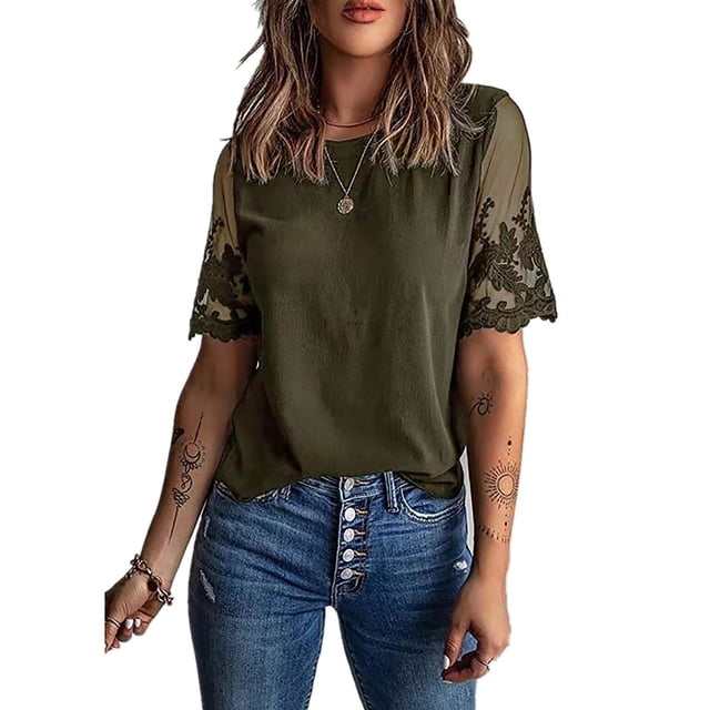 Txlixc Camiseta de Mujer, Verano Adulto Color sólido Encaje Manga Corta Cuello Redondo Blusa Mujer Tops Txlixc Moda