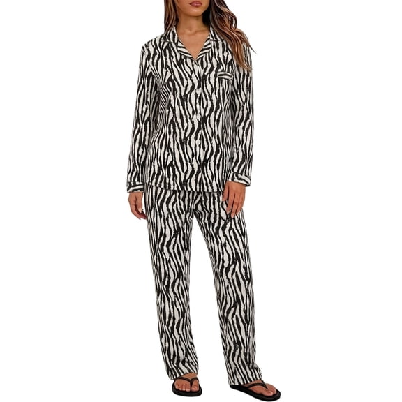MVRLSH Lounge Pajama Sets for Women Plaid Print Lapel Button Long Sleeve Two Piece Loose Casual Sleep wear Summer Soft Comfortable Top Black - M
