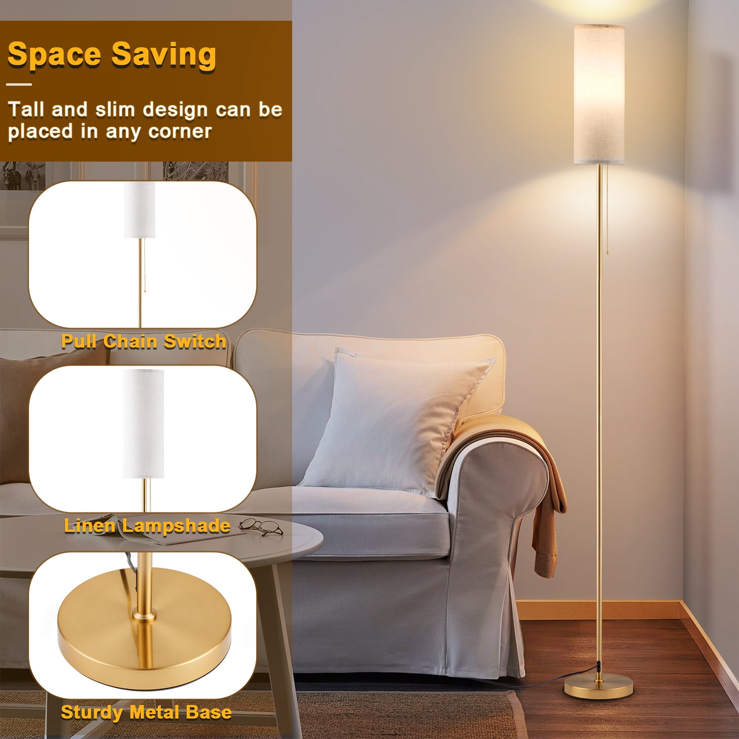 Vesteel Floor Lamp for Living Room, Modern Standing Lamp with 3 Color Temperatures LED Bulb & Linen Lampshade, Pole Lamp for Bedroom Living Room Office, Gold