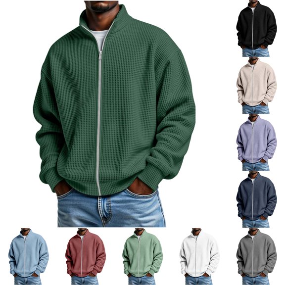 DYTTDG Men's Waffle Knit Zip-Up Cardigan Stand Collar Long Sleeve Solid Casual Jacket Lightweight Outerwear Ribbed Cuffs