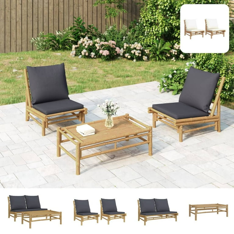 vidaXL Piece Patio Lounge Set with Cream White Cushions Bamboo