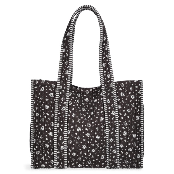 No Boundaries Women's Quilted Tote Bag, Black Ditsy/Stripe