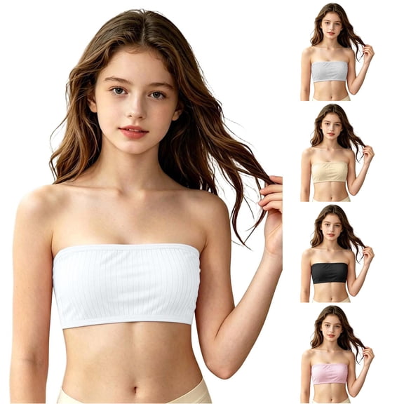 TBWNWG Girls Seamless Strapless Camisole Bra Top Built In Pads Summer Sweat Absorbing Breathable Vest Underwear,Sizes 10-14 Years