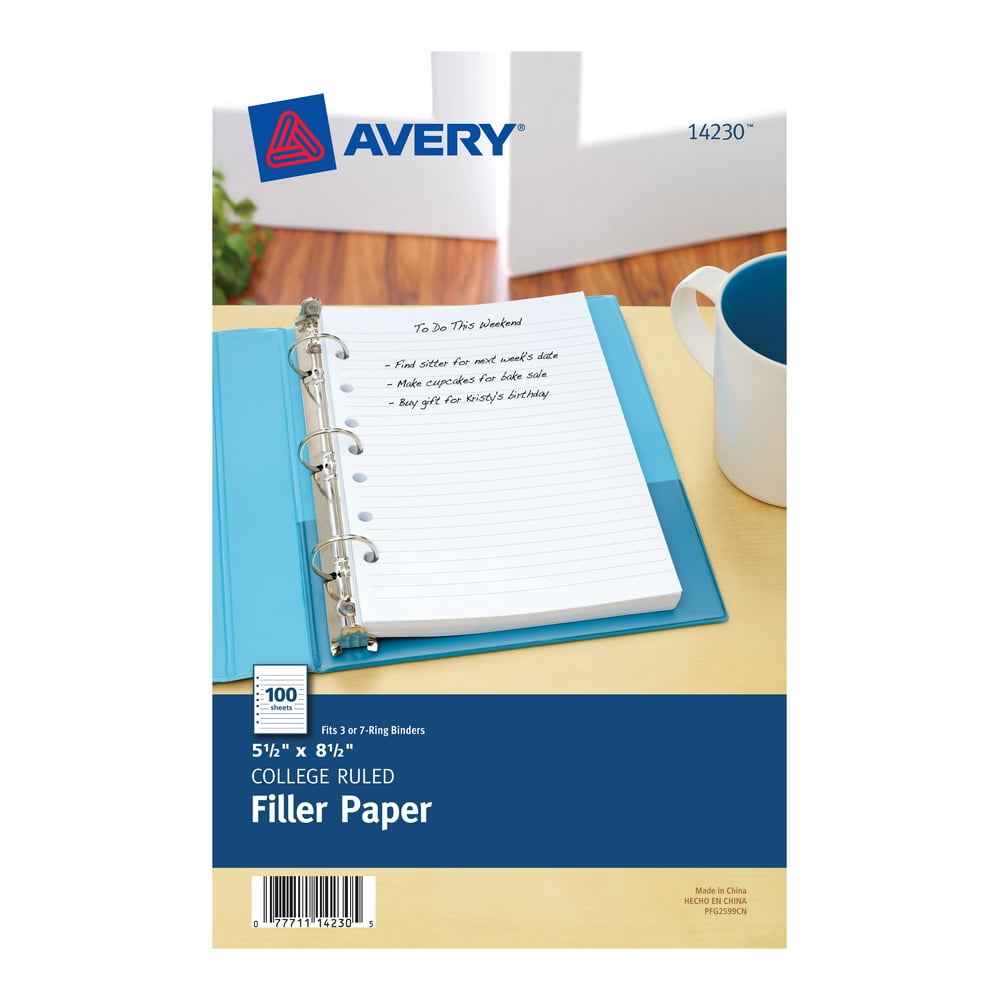 Avery 51/2" x 81/2" Mini Binder Filler Paper, Fits 3Ring/7Ring