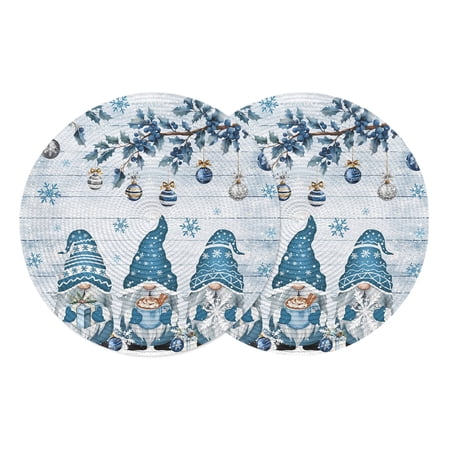 Blue Gnomes Christmas Round Placemats Set of 2 Braided Polypropylene Place Mats Xmas Balls Tree Snowflake Wooden Table Mats for Kitchen Dinner Holiday Wedding Party Coffee Table Decoration 13