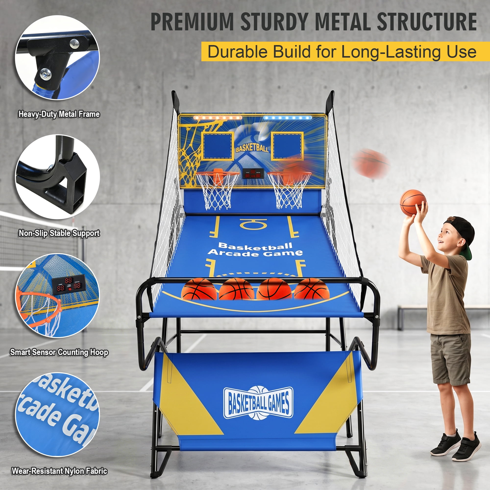Foldable Dual Shot Basketball Arcade Game with LED Electronic Scorer, 4 Mini Basketballs & Hand Pump Included, Two-Player Indoor Shooting Game for Kids Teens Family Game Night